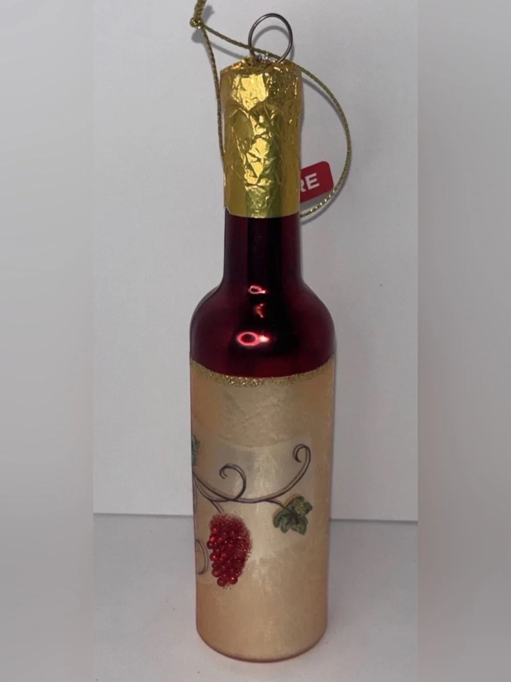 Vintage Red Wine Bottle Hand Blown Glass Christmas Ornament Beaded Hand Painted